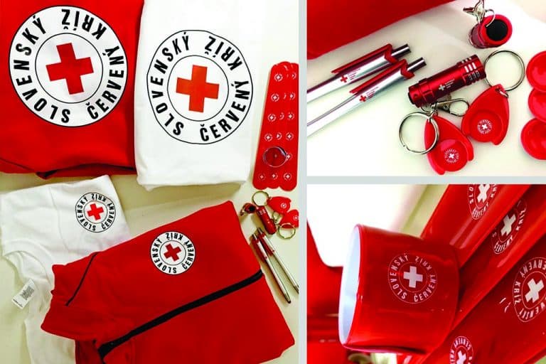 Reklamné predmety, reklamný textil, kľúčenky, perá, reflexné pásky s potlačou červený kríž