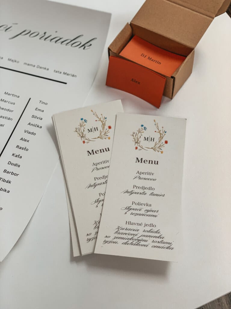 Reklamné tlačoviny, svadobné pozvánky, svadobné menu, menovky, zasadací poriadok